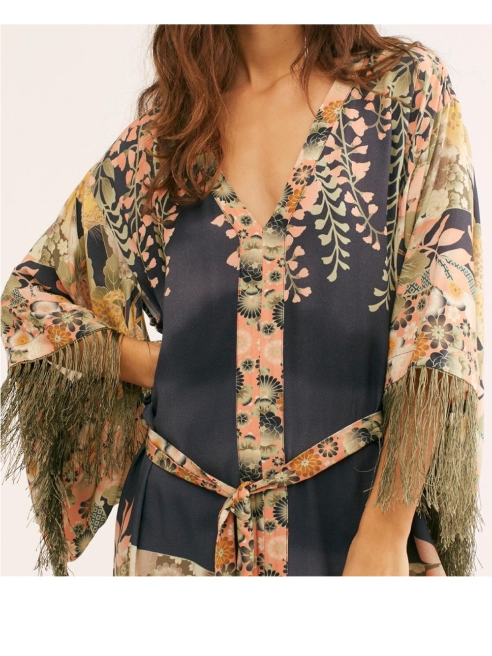 Spell Floral Fringe Mini Dress in Navy, Peach, Cream - Picture 2 of 14